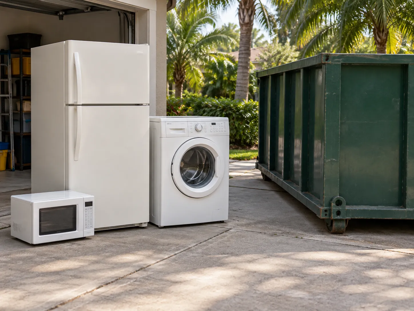A refrigerator, washing machine, and microwave staged near a green dumpster