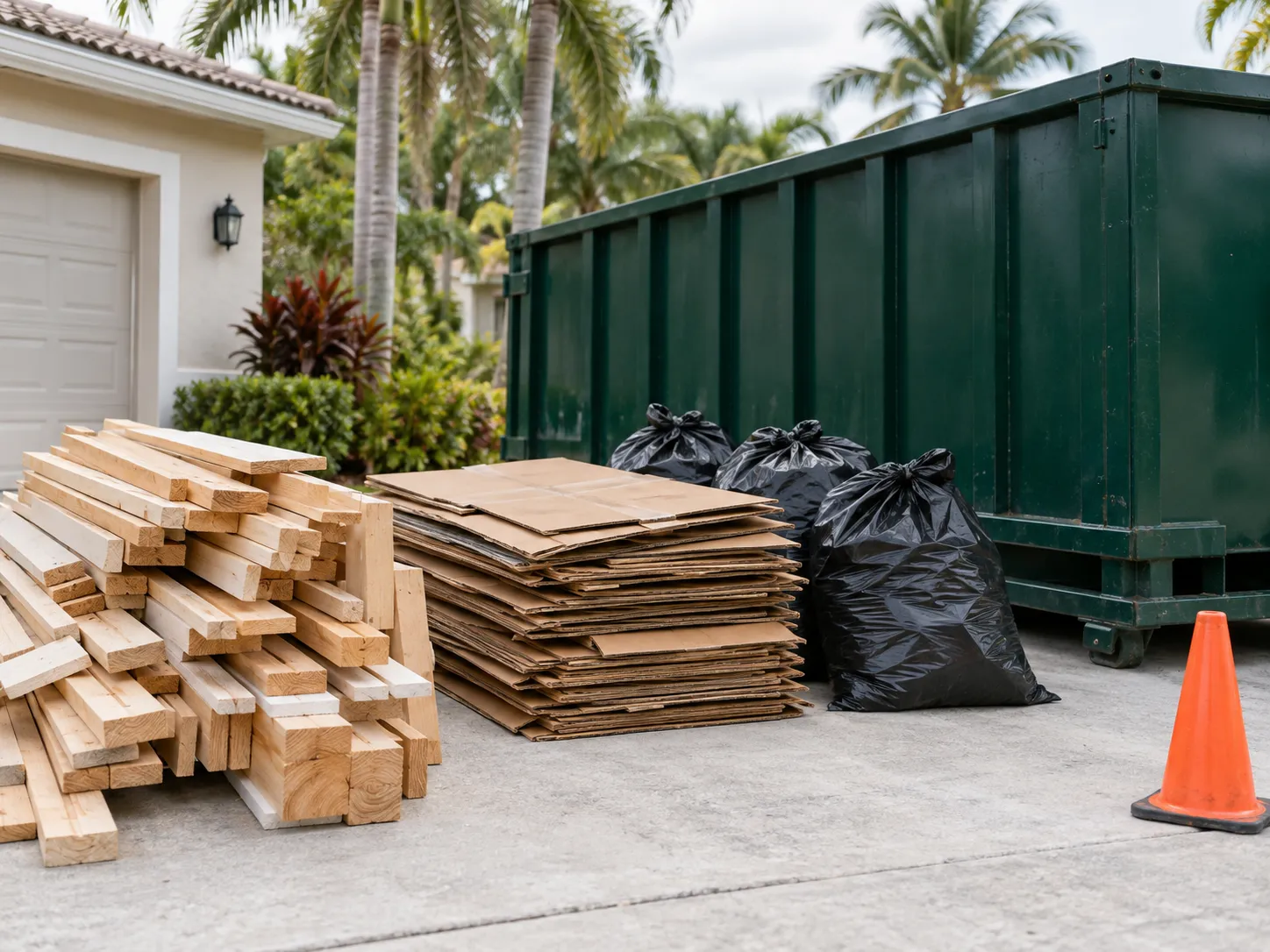 Wood, flattened cardboard, and bagged debris sorted beside a roll-off dumpster